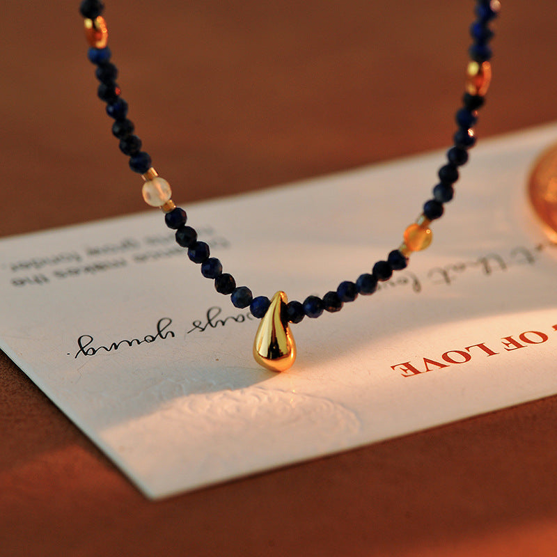 French Retro Natural Stone Beaded Necklace Niche Design Metal Water Drop Shape High-end Versatile Collarbone Chain
