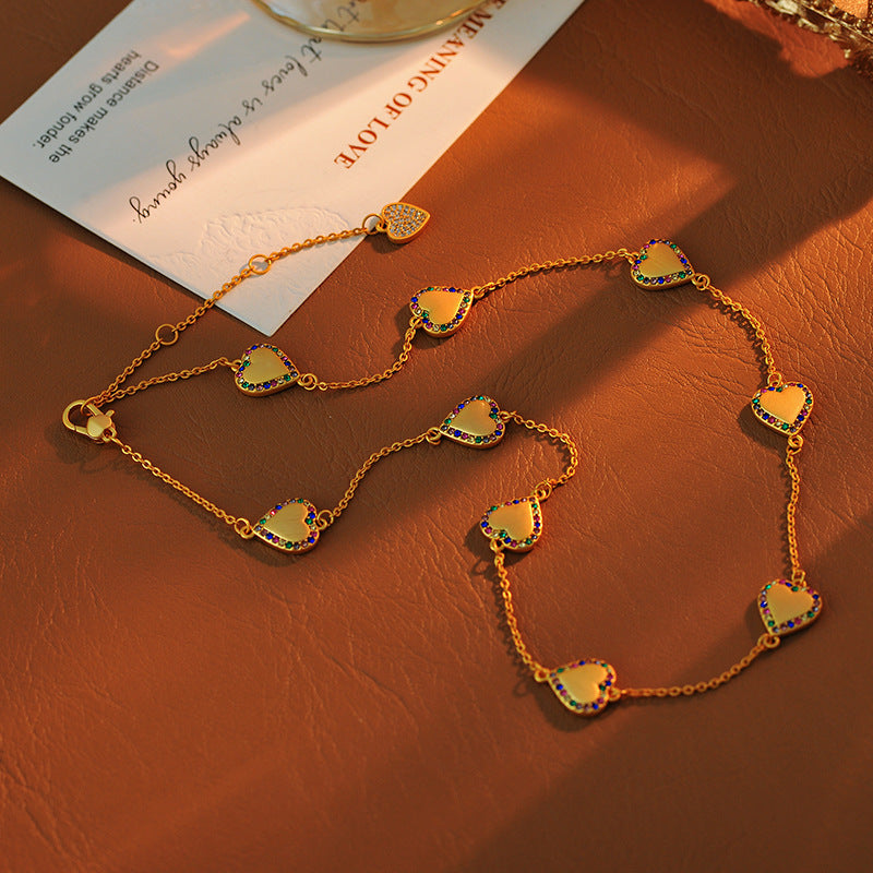 Summer Sweet Fresh European and American Style Brushed Gold Plated Heart Micro Inlaid Colorful Zircon Design Simple Multi Pendant Necklace Collarbone Chain