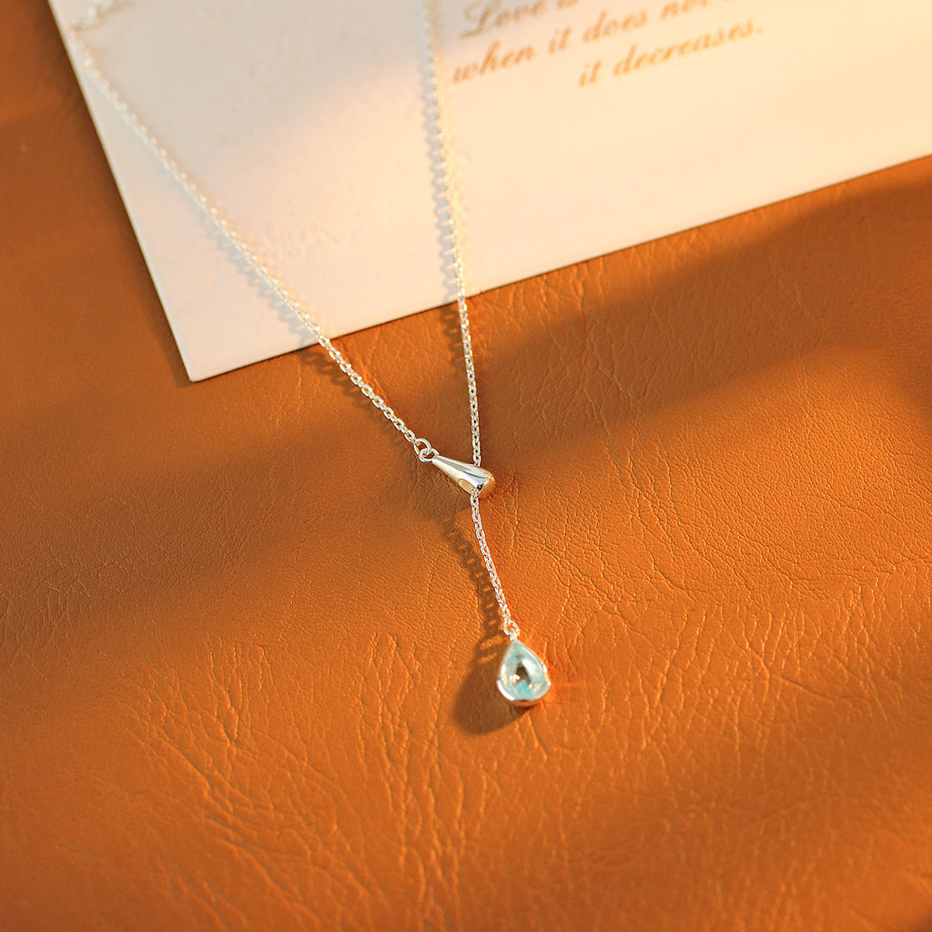 Minimalist Cool Style Zircon Water Drop Necklace Blue High-End Adjustable Y-Shaped Collarbone Chain