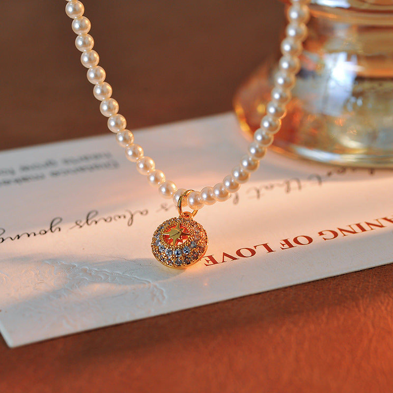 New Year Necklace Light Luxury Elegant Versatile Micro Inlaid Zircon Hollow Eight-Pointed Star Pendant Pearl Necklace for Women