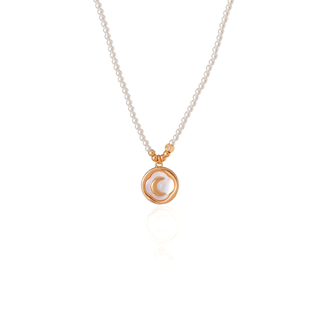 Moon Necklace Real Gold Electroplated Moon French Pearl Necklace Light Luxury Collarbone Chain High-end Necklace