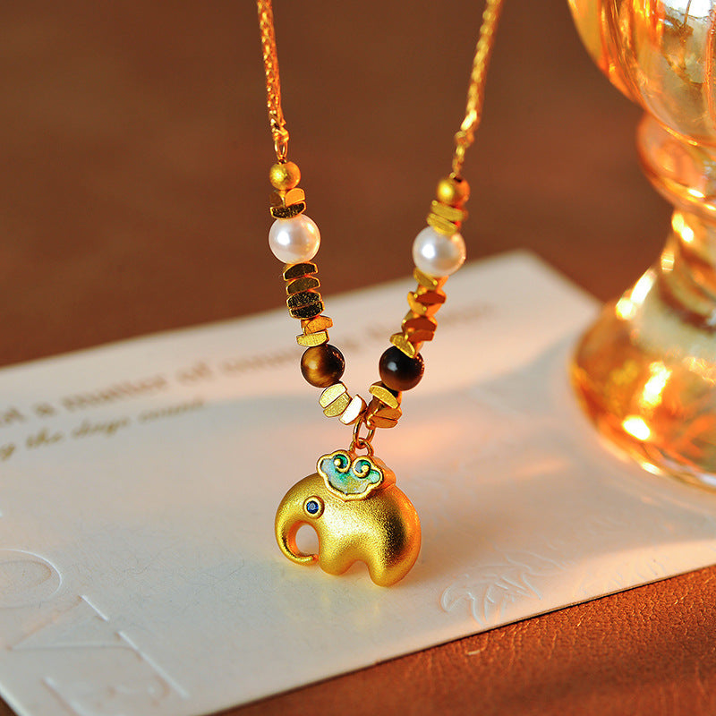 Original Sand Gold Little Elephant Beaded Decorative Necklace Light Luxury Niche High-end Sense Elegant Long High-grade Sweater Chain Accessories