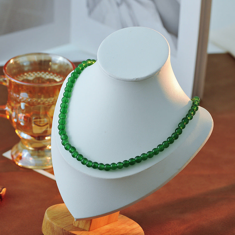 Chinese Ethnic Style Ice Transparent Green Agate Chalcedony Real Stone Beaded Simple Personality Short Necklace Clavicle Chain A10194