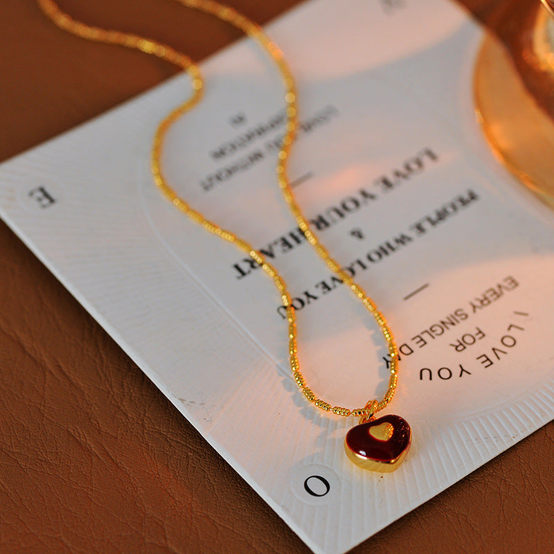 2025 New Red Glaze Heart Necklace Light Luxury Elegant Versatile Fashion Jewelry for Women