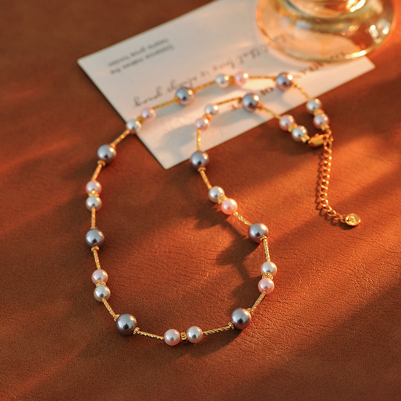 Original Candy Color Age-Reducing Mixed Color Strong Light Pearl Necklace Niche Design High-End Light Luxury Choker One Piece