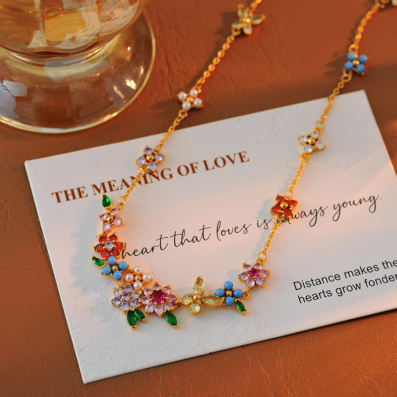 Sweet Romantic Pastoral Colorful Diamond Flower Butterfly Cluster Fresh Girl Temperament Necklace Bracelet Bangle