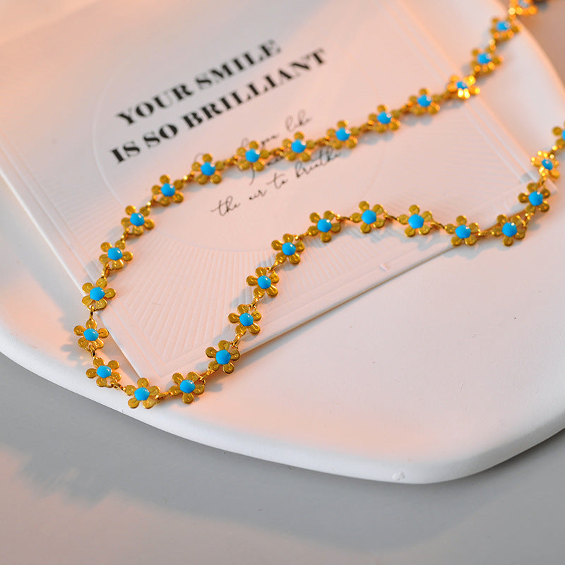 European and American Cross-Border Fashion Retro Style INS Titanium Steel Blue Small Flower Resin Fashion Simple Collarbone Chain