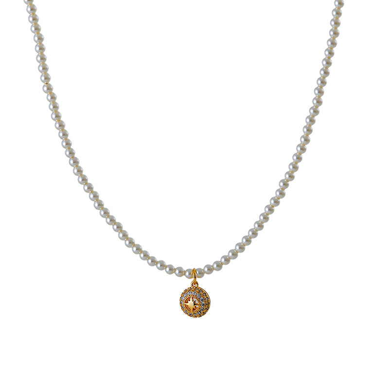 New Year Necklace Light Luxury Elegant Versatile Micro Inlaid Zircon Hollow Eight-Pointed Star Pendant Pearl Necklace for Women