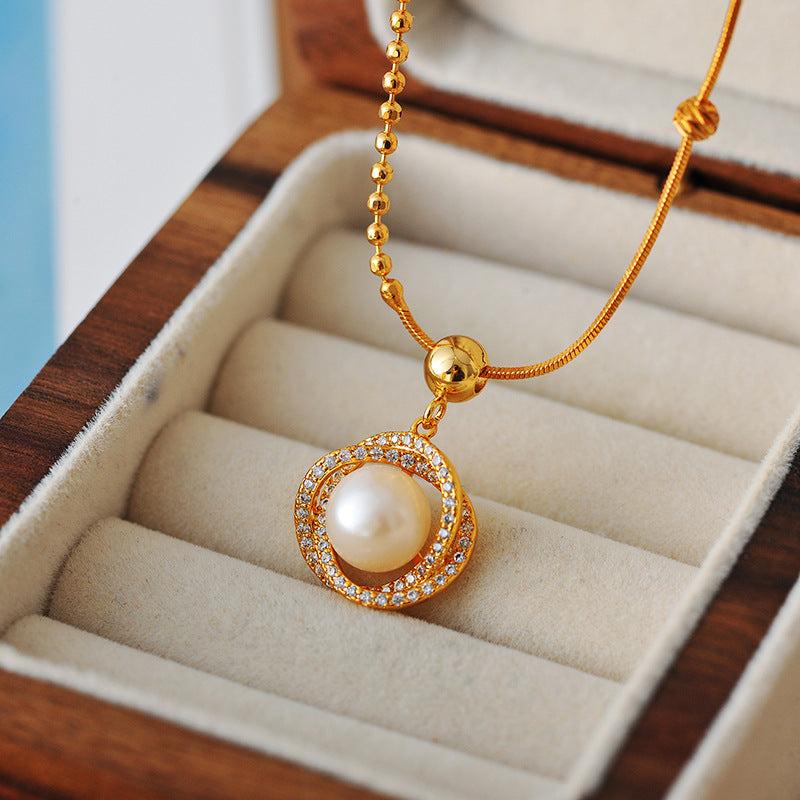 New Trendy Pearl Necklace Retro Elegant Simple Micro Inlaid Full Diamond Niche Design High-end Clavicle Chain