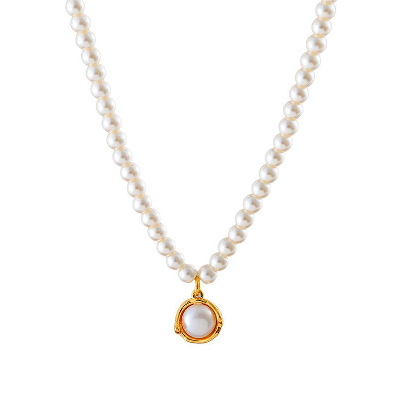Korean Style New Shijia Necklace Metal Round Ring Freshwater Pearl Pendant Clavicle Chain Niche Design Sense Neck Chain