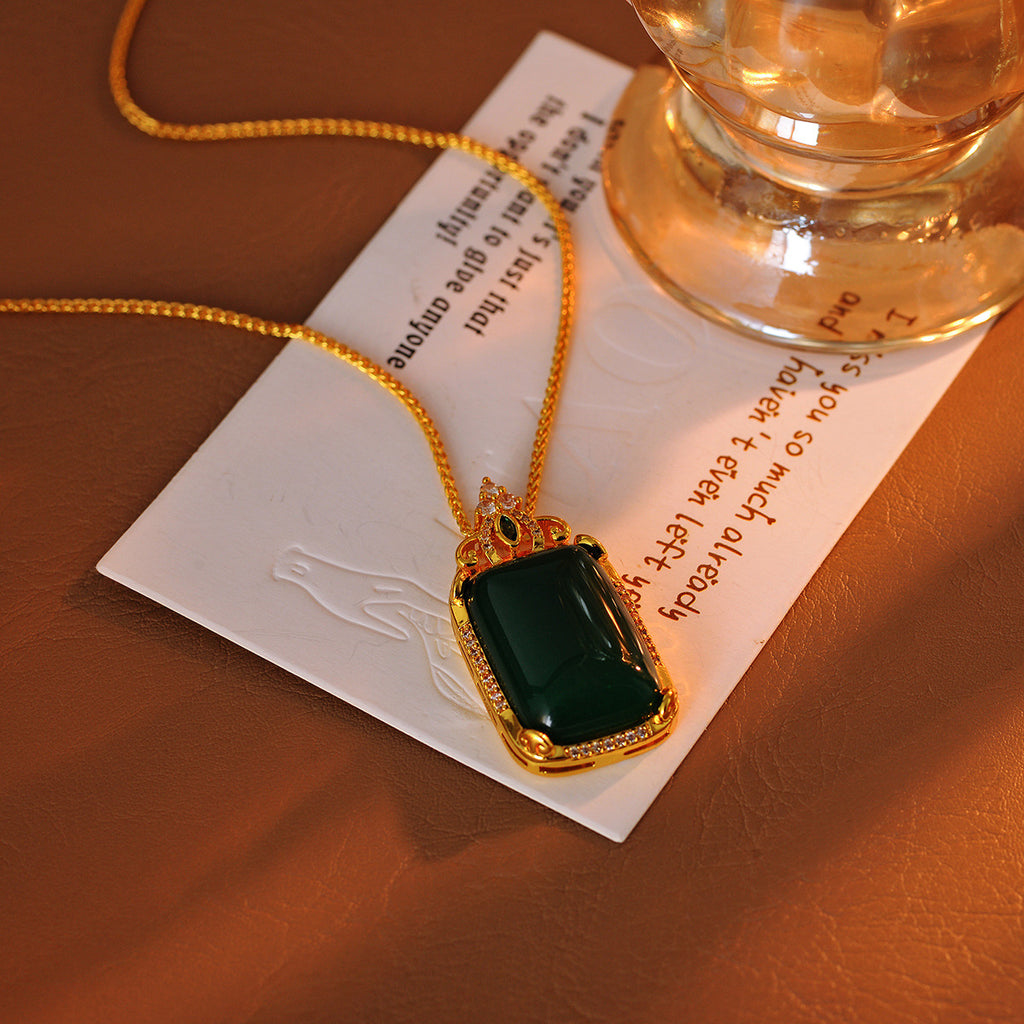 Emerald Necklace Original High-End New Chinese Style Square Pendant Necklace Design Sense Light Luxury Temperament