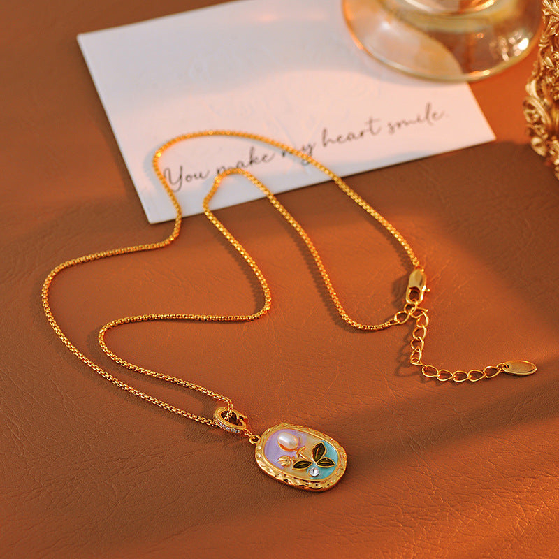 Monet Garden Vintage Necklace Natural Baroque Pearl Light Luxury Retro Oil Painting Style Collarbone Chain