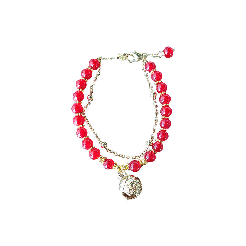 New Chinese Style Red Agate Double Layer Bell Bracelet for Women, Unique Design, Best Friend Layered Bracelet