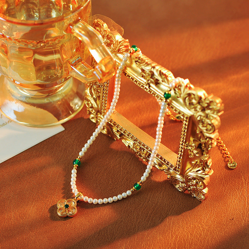 Four-leaf Flower Shell Inlaid Necklace Eight-pointed Star Design New Chinese Style Bracelet Green Natural Stone Sweater Chain Set