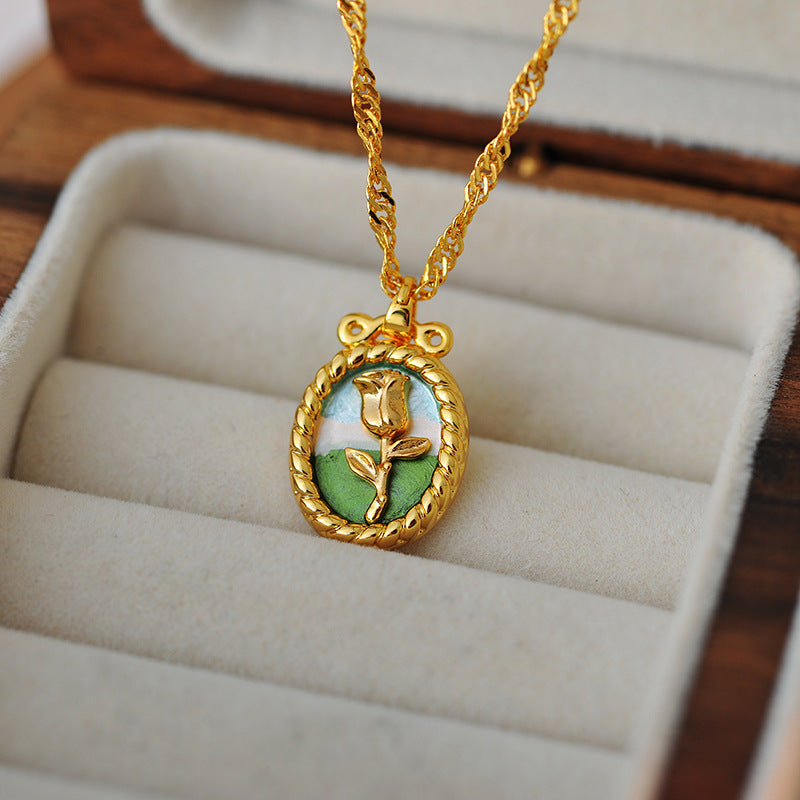 New Year's Retro Oil Painting Style Necklace Light Luxury Niche Design Tulip High-end Clavicle Chain Necklace