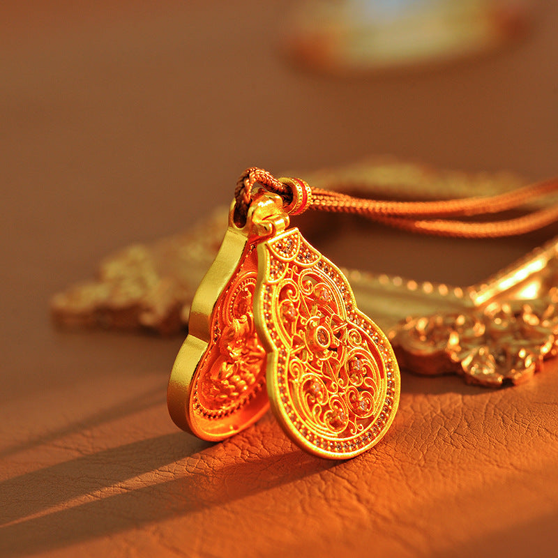 New Chinese Style Ancient Method Hollow Gourd Necklace with Inlaid Diamonds Guanyin Blessing Pendant Three-Dimensional New Light Luxury Non-Fading Pendant