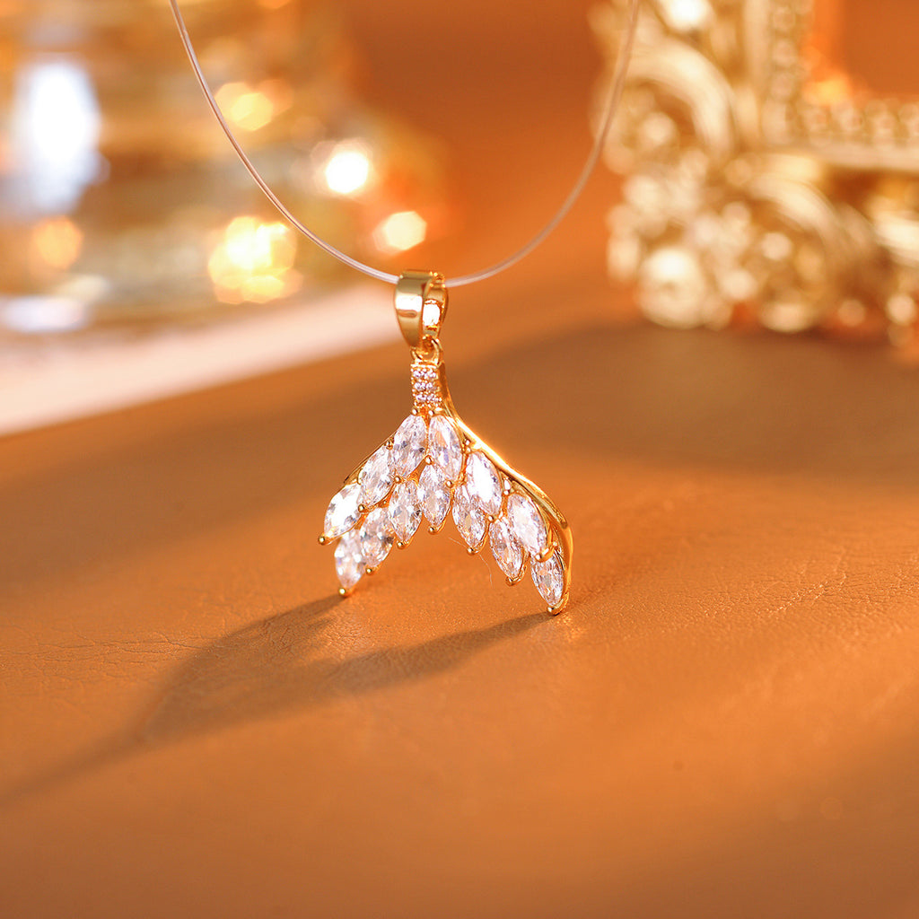 Fishtail Fish Line Necklace Earrings Pink Diamond Fishtail Fashion Necklace Elegant Personality Exquisite Collarbone Chain