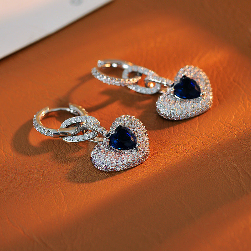 European and American Fashion Blue Heart Adjustable Necklace for Women Full Diamond Heart-Shaped Collarbone Chain Exquisite Elegant Jewelry