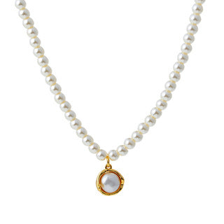 Korean Style New Shijia Necklace Metal Round Ring Freshwater Pearl Pendant Clavicle Chain Niche Design Sense Neck Chain