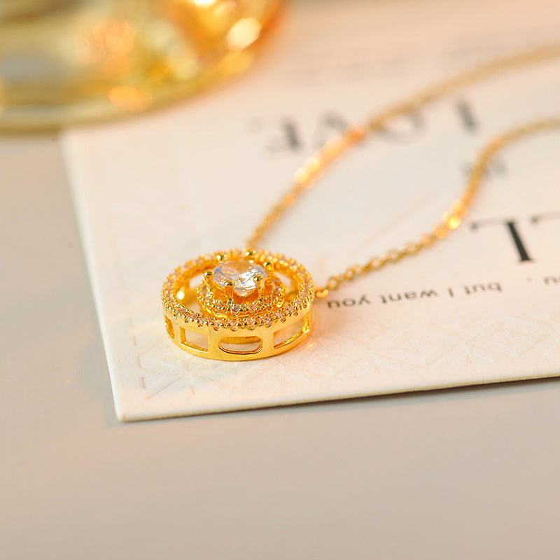 New Copper Plated 18K Gold Necklace Small Zircon Mini Exquisite Vintage Round Pendant Japanese Style Hanging Pendant