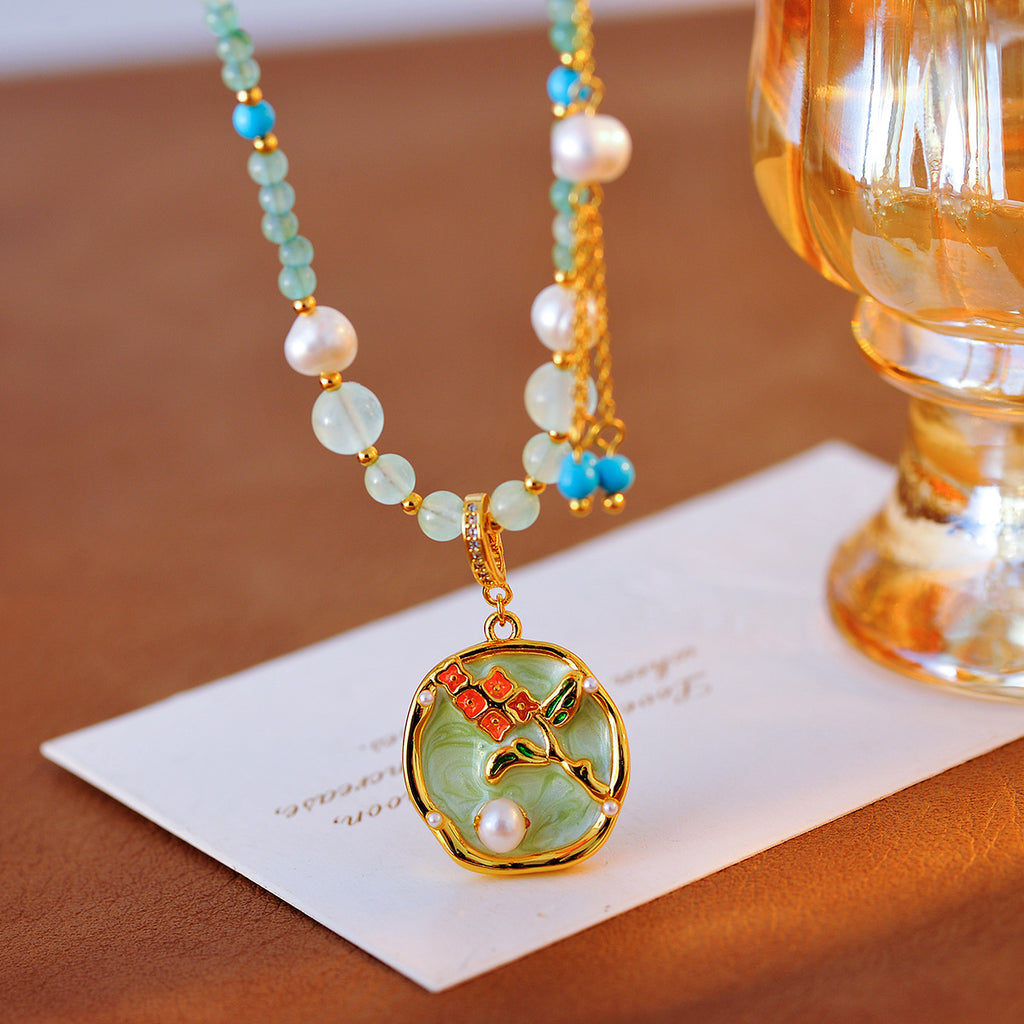 New Chinese Style 2025 Retro Glaze Flower Pearl Pendant Necklace High-End Niche Design Choker