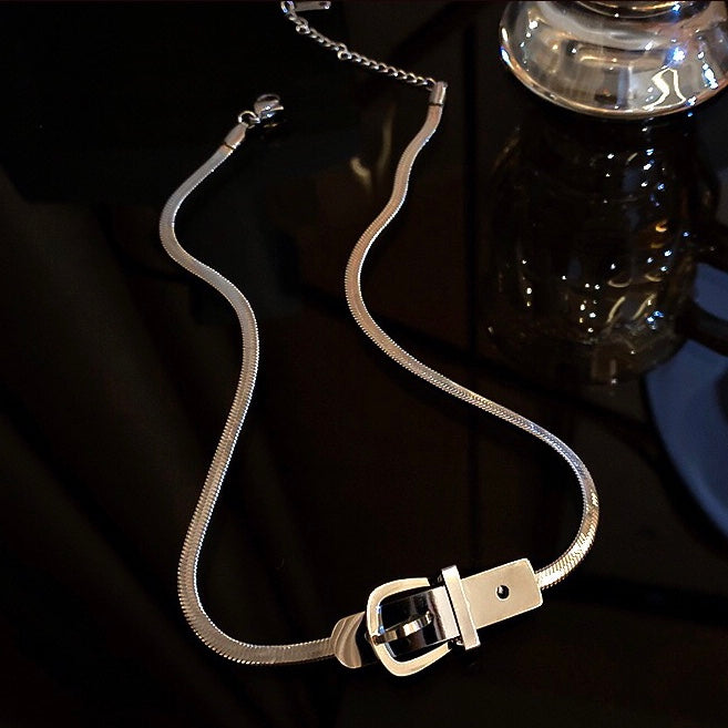 Ins Niche Design Titanium Steel Non-Fading Stylish Versatile Simple Belt Buckle Style Short Necklace Choker for Women