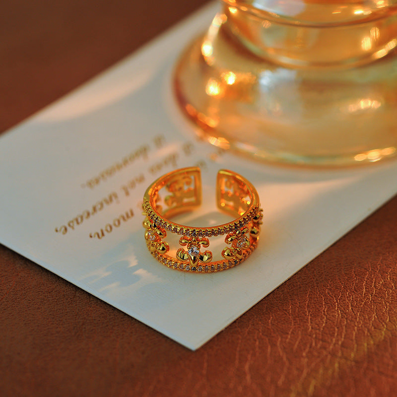 Wide Band Hollow-Out Ring, Adjustable Open European Palace Style INS Fashion Jewelry for Women