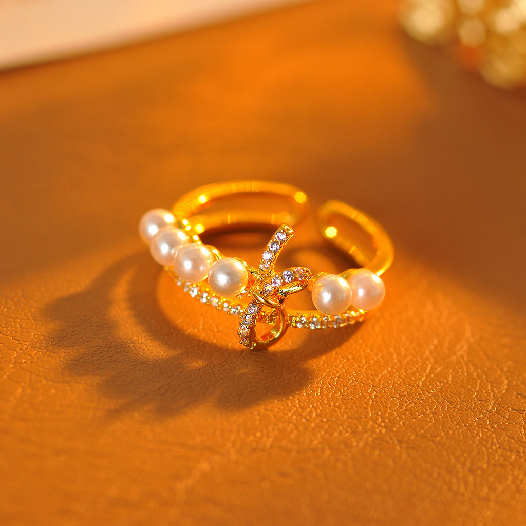 Niche Unique Bow Dreamy Simulated Pearl Ring, Light Luxury High-End New Popular Women's Ring