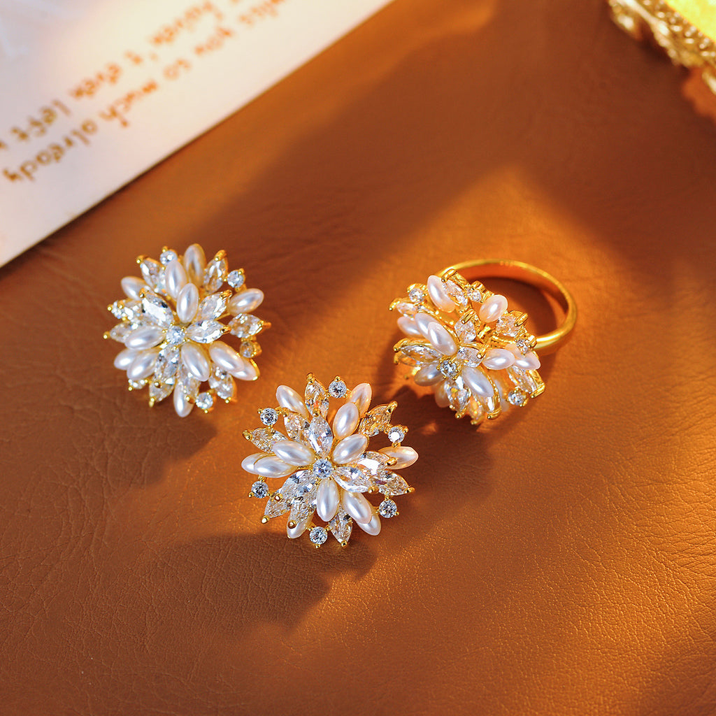 Super flash zircon pearl flower rotating ring opening niche design sense fashion hand jewelry women's tide