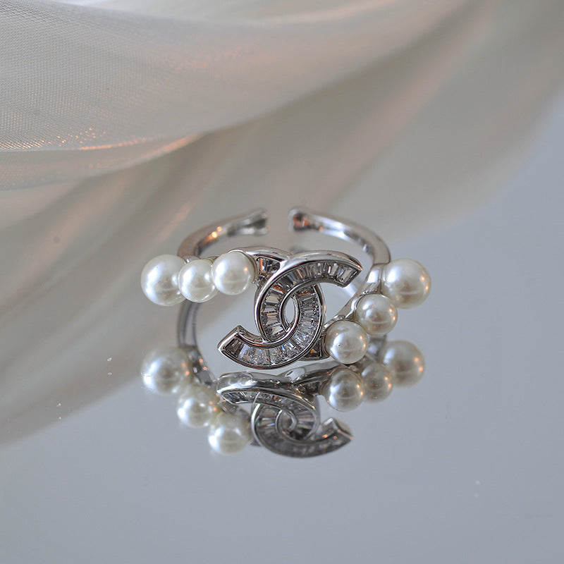 European and American fashion ins niche design pearl diamond ring women's fashion small fragrant zircon index finger ring