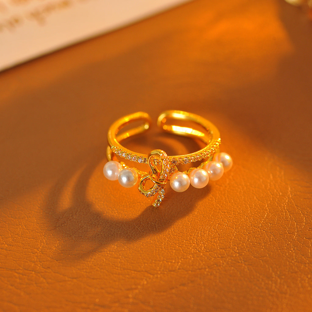 Niche Unique Bow Dreamy Simulated Pearl Ring, Light Luxury High-End New Popular Women's Ring