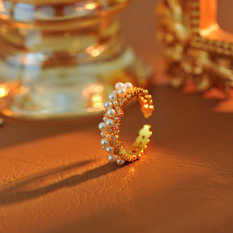 Gold Plated Round Simulated Pearl Zircon Open Ring, Light Luxury Index Finger Jewelry for Fashion Commute