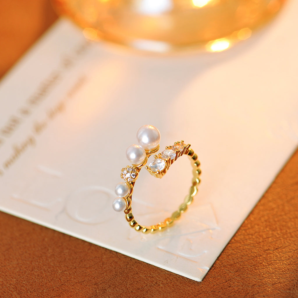 Minimalist Aesthetic Adjustable Simulated Pearl Zircon Ring, Small Luxury Index Finger Statement Ring