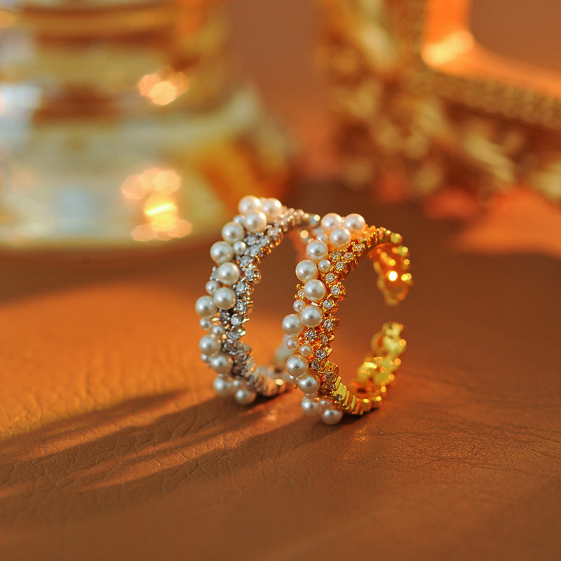 Gold Plated Round Simulated Pearl Zircon Open Ring, Light Luxury Index Finger Jewelry for Fashion Commute