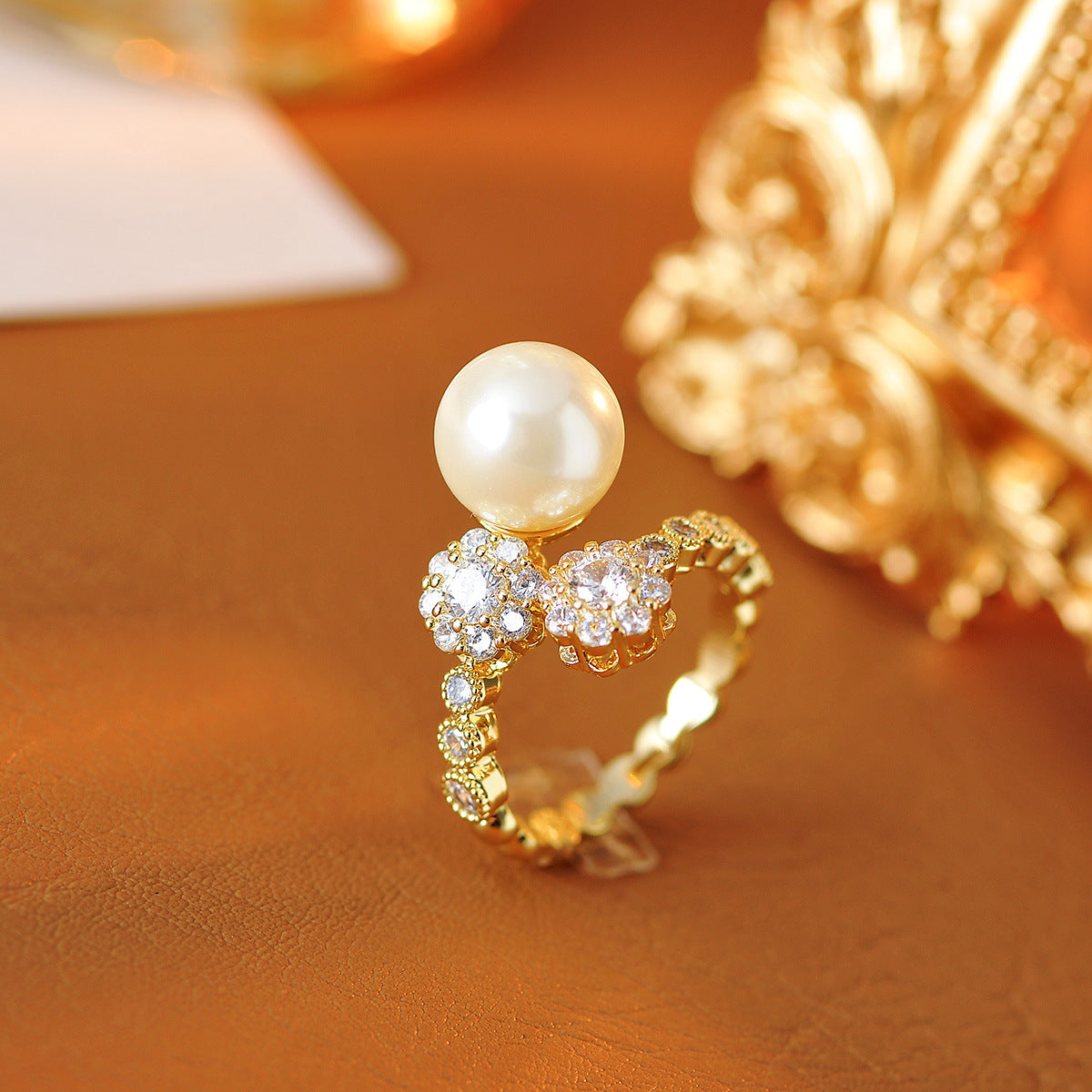 French Vintage Full-Diamond Australian White Pearl Ring - Unique Trendy High-End Index Finger Ring