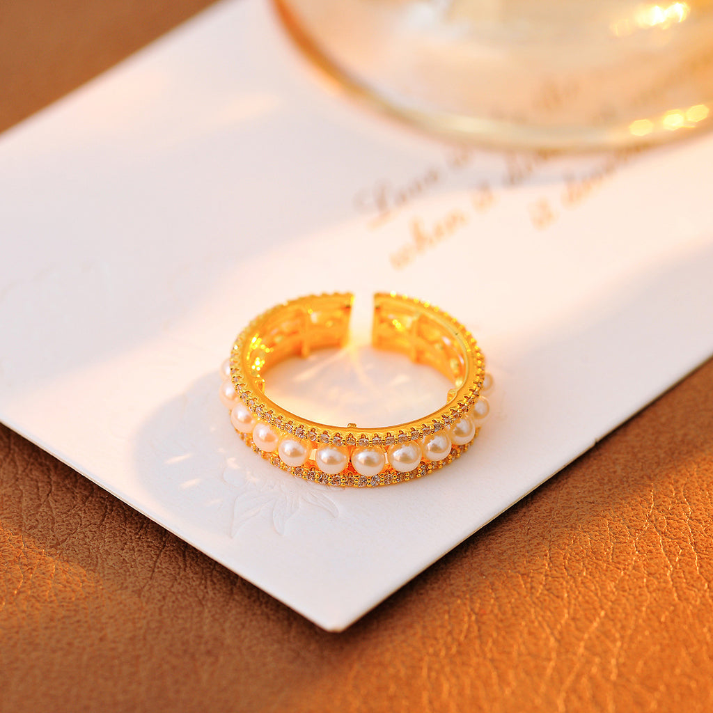 French Romantic Interlocking Simulated Pearl Zircon Ring, Adjustable Niche High-End Finger Jewelry