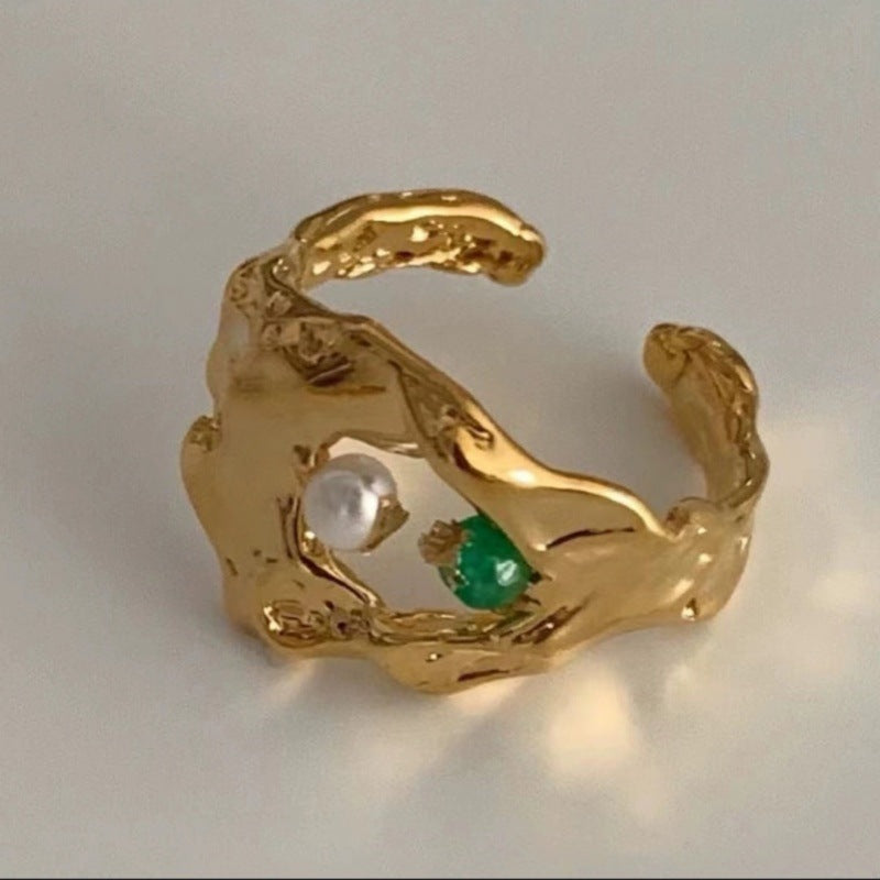 Copper alloy French retro irregular opening ring natural pearl fashion niche high-end real gold ring women