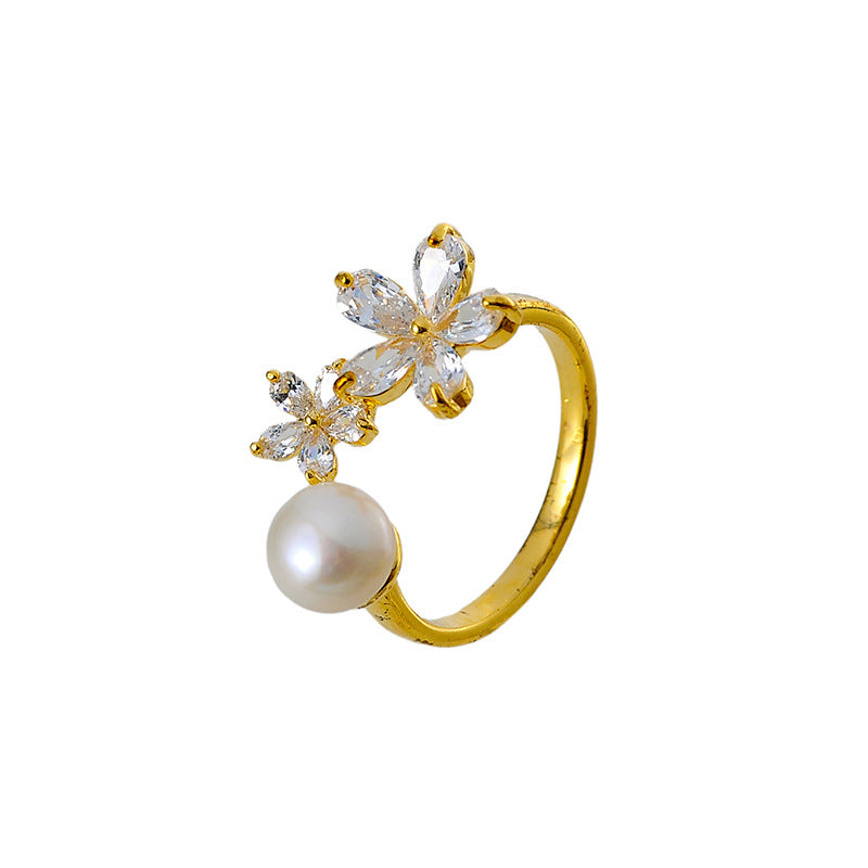 Flower pearl open ring women's daily versatile fashion niche design high sense gentle temperament index finger ring