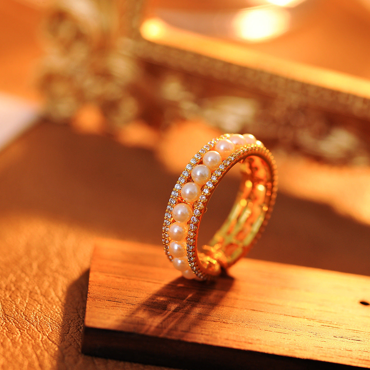 French Romantic Interlocking Simulated Pearl Zircon Ring, Adjustable Niche High-End Finger Jewelry