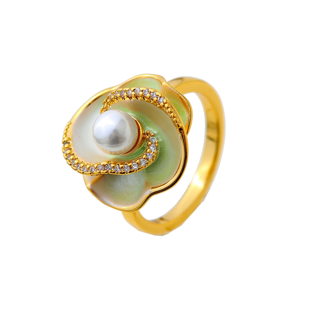 Camellia pearl ring women's light luxury high-end sense enamel drip glaze open ring fresh green exquisite elegance adjustable