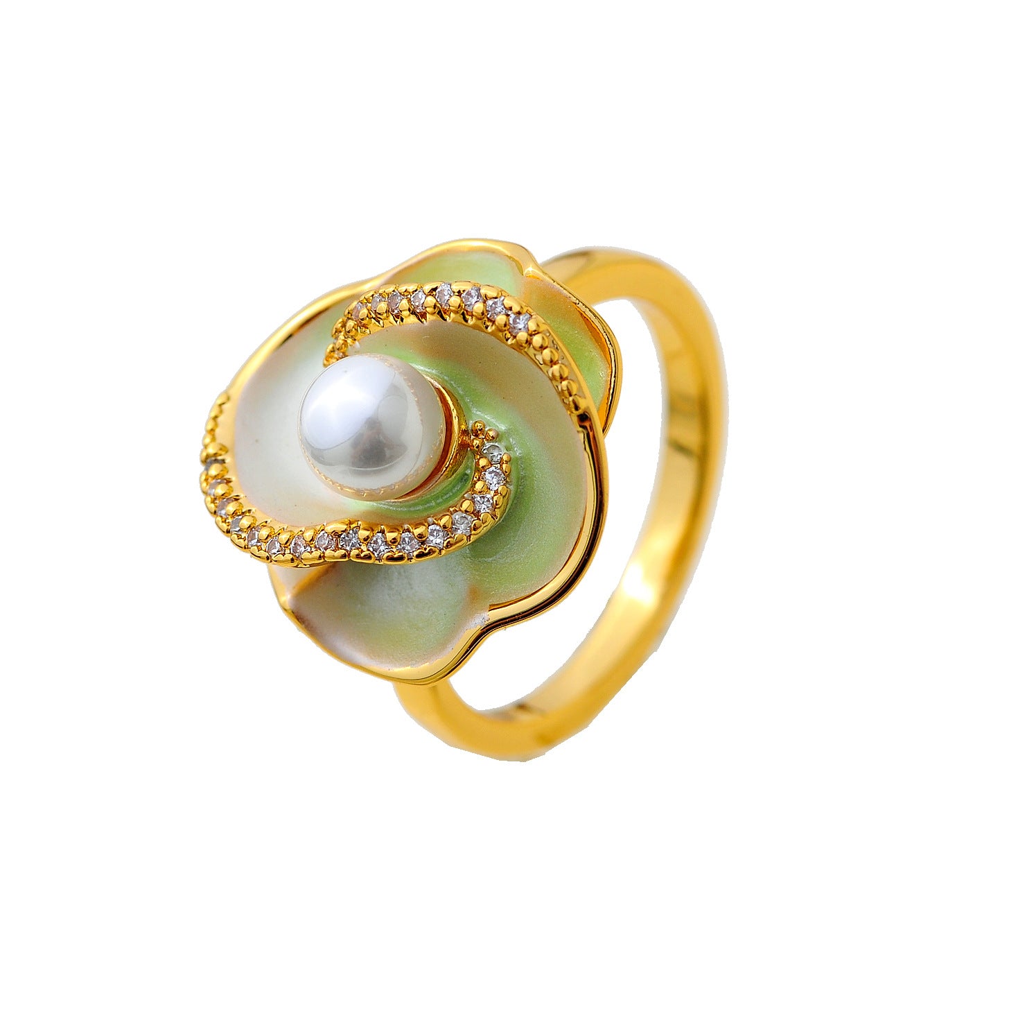 Camellia pearl ring women's light luxury high-end sense enamel drip glaze open ring fresh green exquisite elegance adjustable