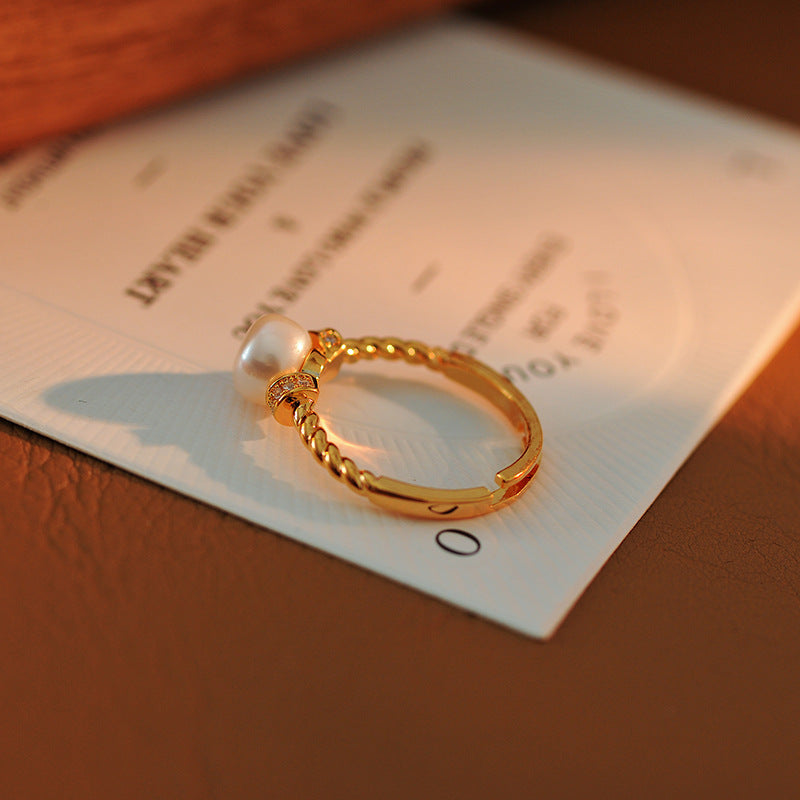 Luxury Micro-Pave French Simulated Pearl Ring, 2025 New Popular Tail Ring for Pinky Finger