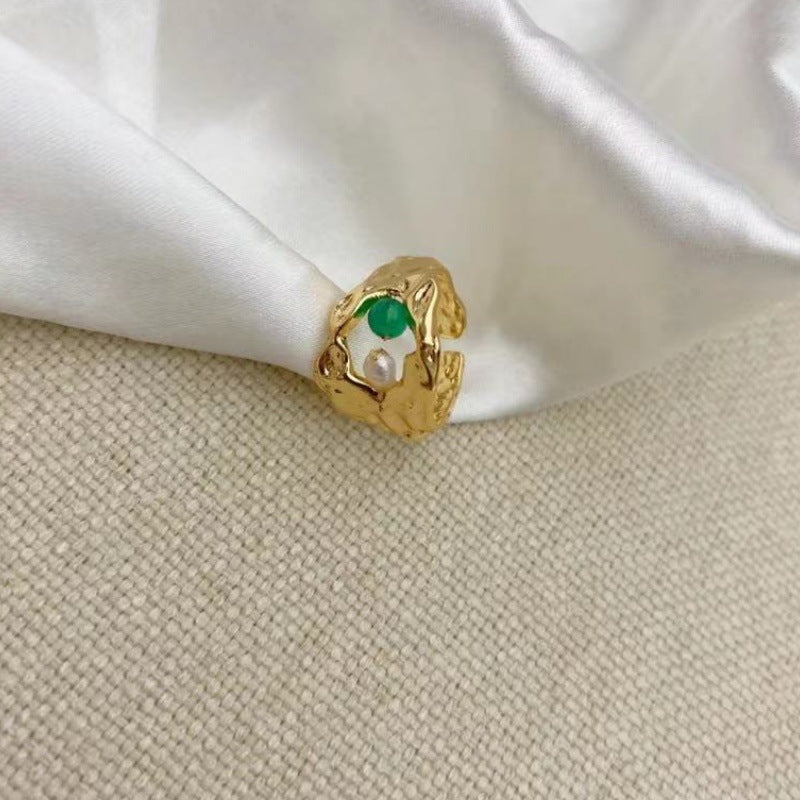 Copper alloy French retro irregular opening ring natural pearl fashion niche high-end real gold ring women