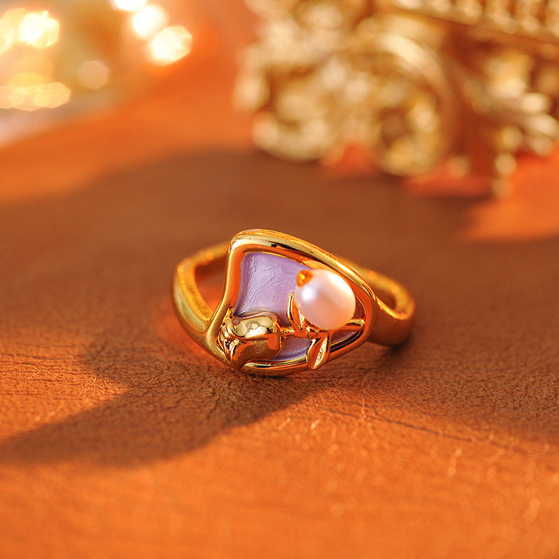 Style Blue Geometric Open Ring, Baroque Simulated Pearl Gold-Plated Art Jewelry