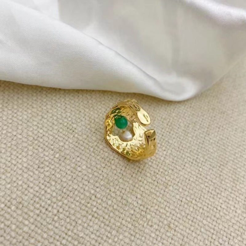 Copper alloy French retro irregular opening ring natural pearl fashion niche high-end real gold ring women