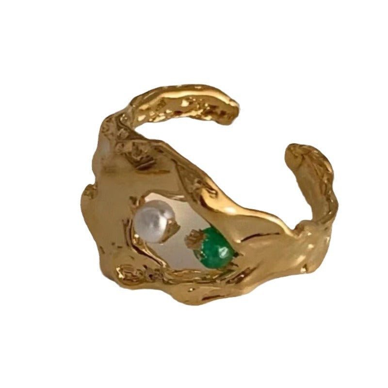 Copper alloy French retro irregular opening ring natural pearl fashion niche high-end real gold ring women
