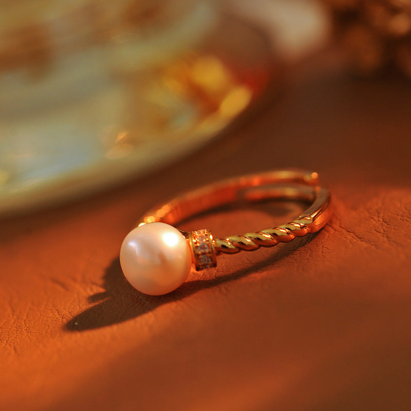 Luxury Micro-Pave French Simulated Pearl Ring, 2025 New Popular Tail Ring for Pinky Finger