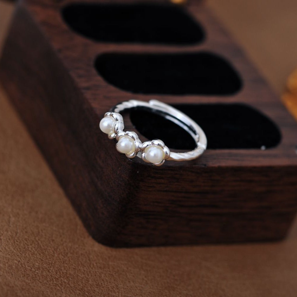 Minimalist S925 Sterling Silver Flower Ring with Mini Simulated Pearl, Small Aesthetic Open Adjustable Ring