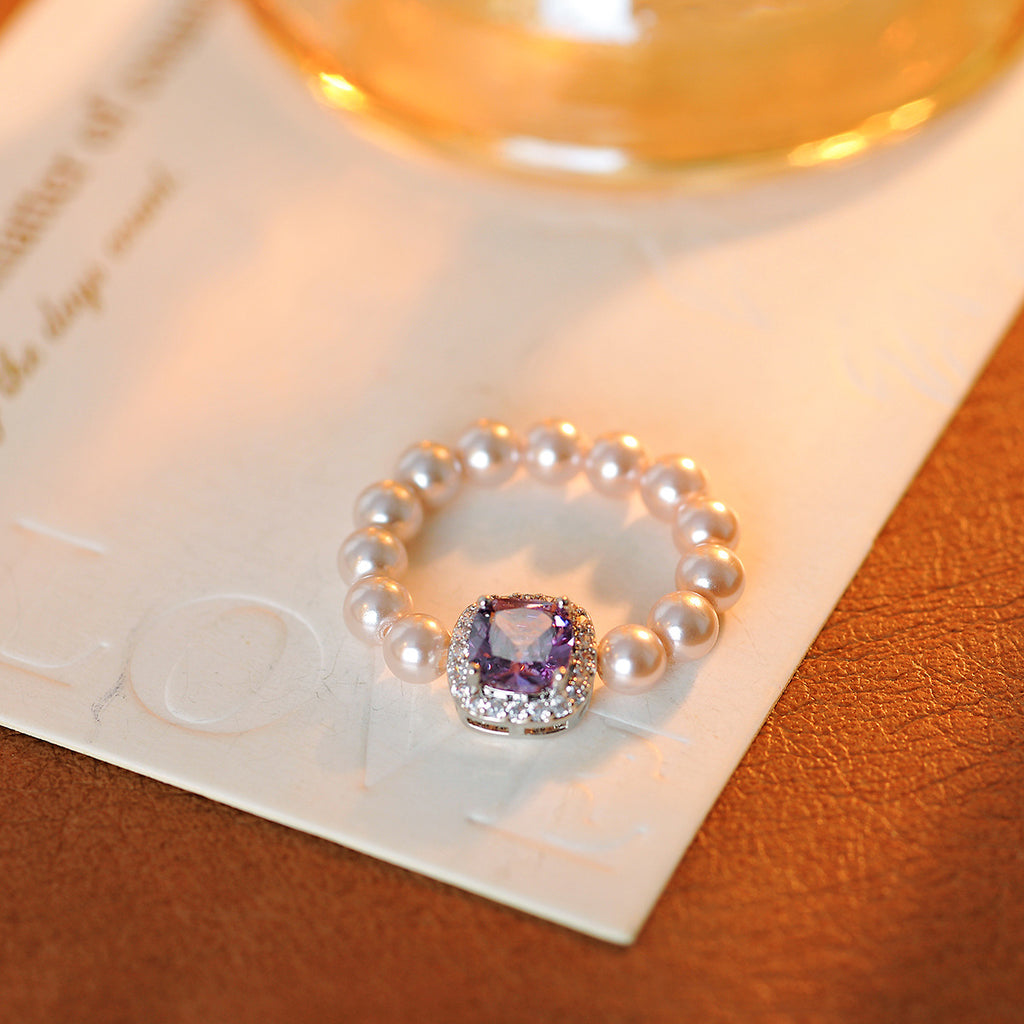 Korean INS Style Zircon & Simulated Pearl Elastic Ring, Niche Light Luxury Women's Jewelry