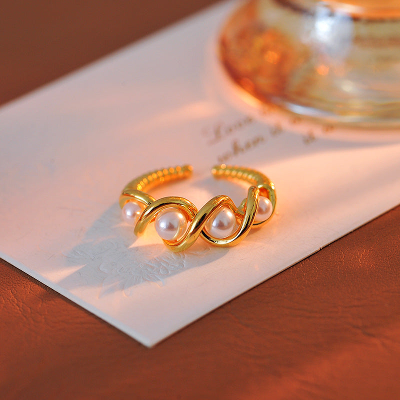 Korean Style Twist Multi-Bead Simulated Pearl Ring, Versatile Stacking Ring for Index Finger